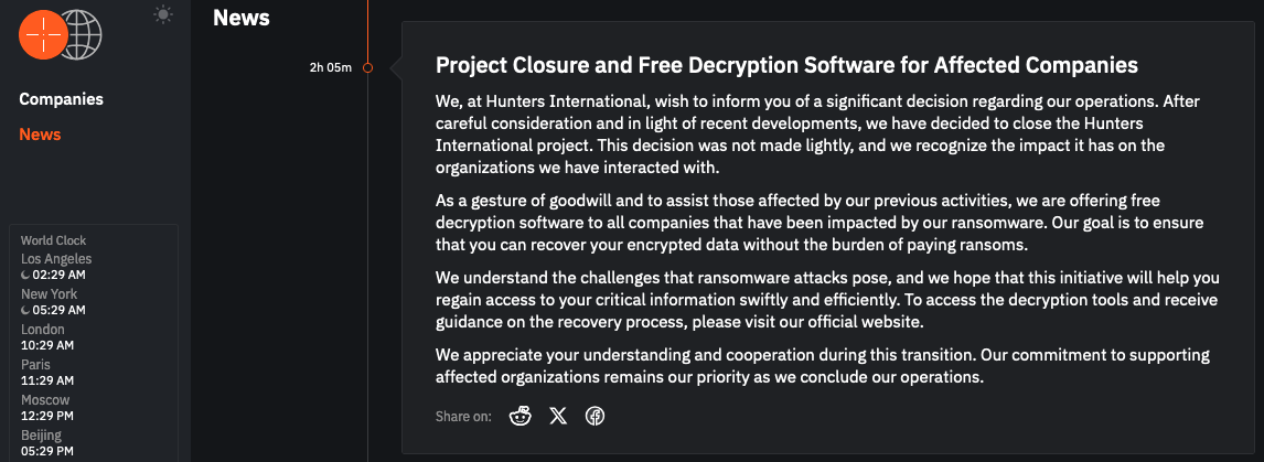 Hunters International shutdown announcement